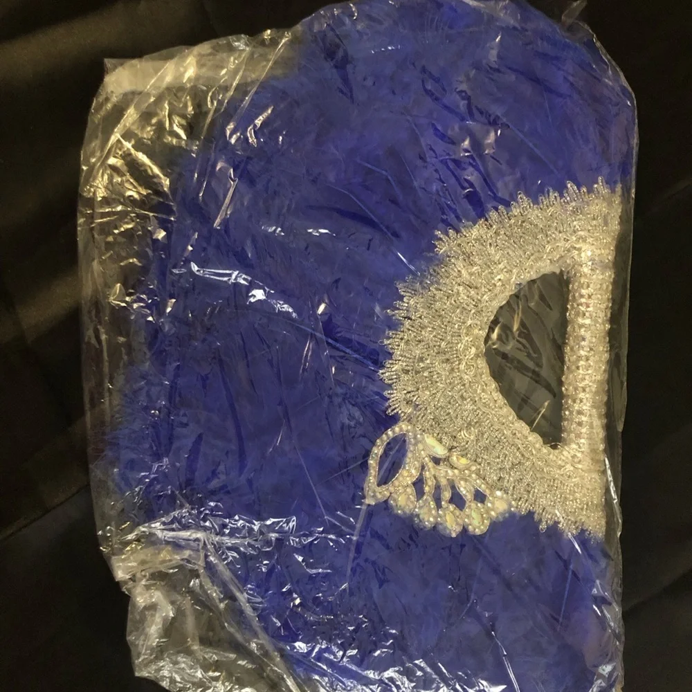 Royal Blue Feather African Bridal Hand Fan with Silver Crystal Accent